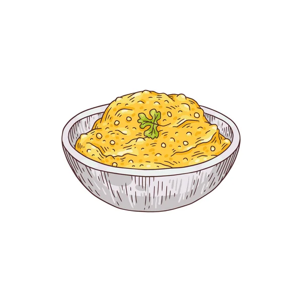 Chickpea hummus masakan timur tengah dalam gaya sketsa berwarna, ilustrasi vektor diisolasi di latar belakang putih. - Stok Vektor