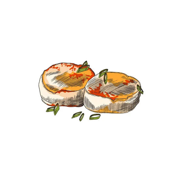 Vieira a la parrilla con cebolla verde plato de cocina japonesa. Dibujo vectorial de alimento de mariscos, molusco de almeja dibujado a mano. — Vector de stock