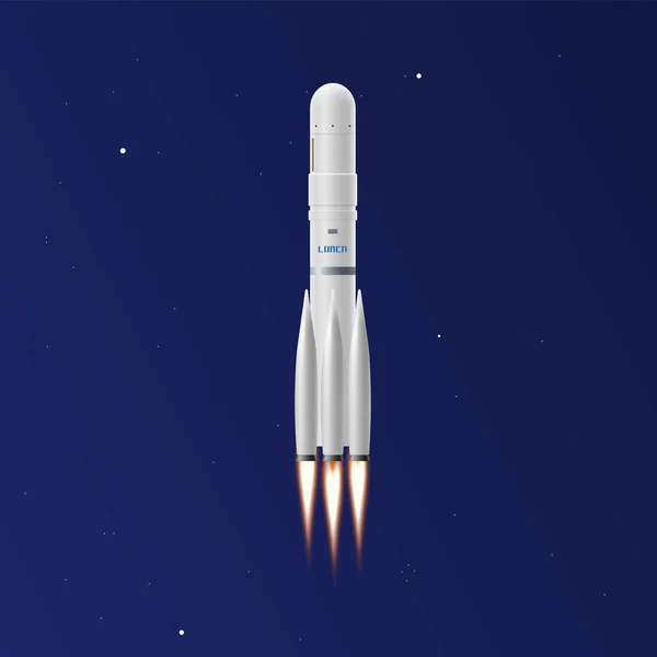 Rocket in space flying into the galaxy, 3D realistic vector illustration. - Stok Vektor