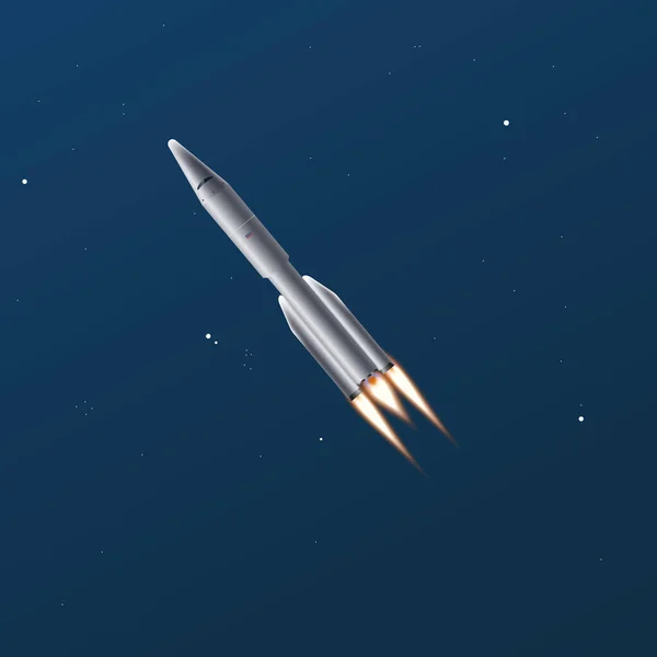 Roket terbang di ruang angkasa di malam hari bintang latar belakang langit, gambar vektor 3D. - Stok Vektor