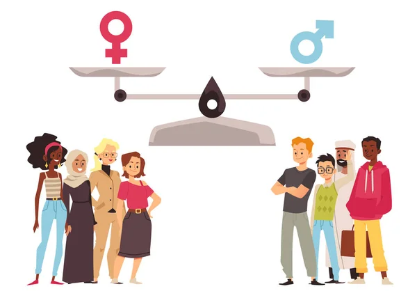 Gender equality with men and women under scale on equal height, flat vector illustration isolated on white. — Stock Vector