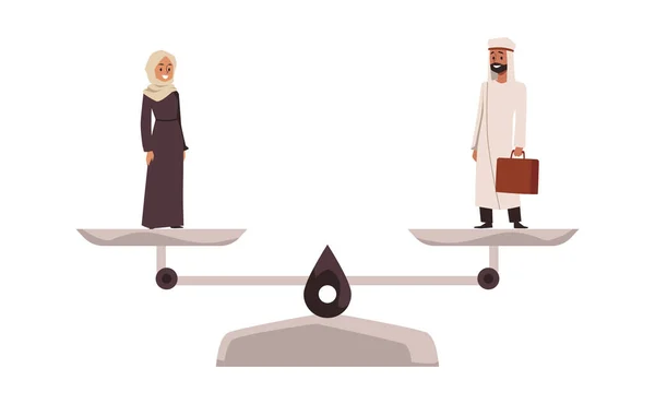 Femme musulmane portant hijab et abaya équilibre sur l'échelle par rapport au mâle islamique portant thobe et kaffiyeh. — Image vectorielle