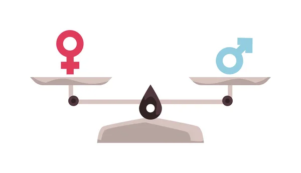 Váhová stupnice s pohlavními znaky jako symboly rovnosti pohlaví vektorovou ilustrací. — Stockový vektor