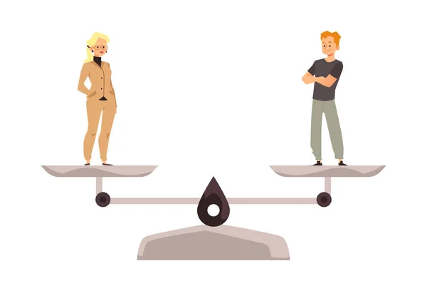 Concept abstrait d'égalité des sexes avec l'homme et la femme à l'échelle, illustration vectorielle plate isolée sur fond blanc. — Image vectorielle
