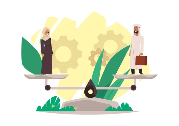 Femme musulmane et homme à l'échelle comme symbole de l'égalité des sexes, illustration vectorielle plate isolée sur fond blanc. — Image vectorielle