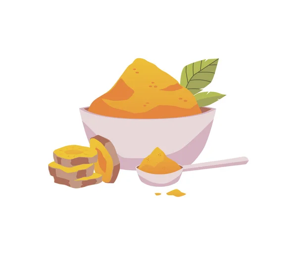 Oranje curry poeder in witte schaal, gesneden kurkuma wortel, groen blad en lepel met curcuma kruid vector ontwerp — Stockvector