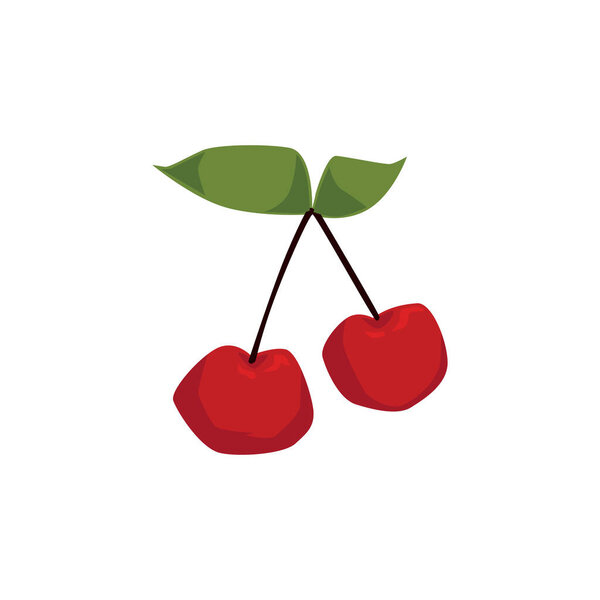 Cherry berry flat vector icon. Two sour red cherries on brown stem with green leafs cartoon, isolated.