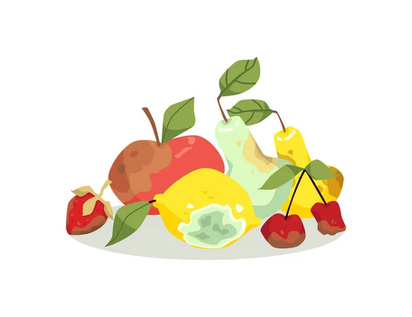 Montón de frutas estropeadas con lados podridos, ilustración vectorial plana aislada. — Vector de stock