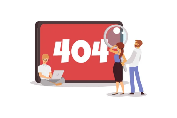 404 erro na tela do tablet e pessoas minúsculas, ilustração vetorial plana isolada. — Vetor de Stock