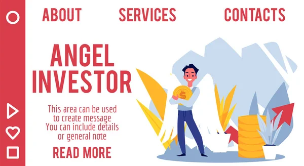 Anděl stojí v popředí se zlatou mincí v náručí. obchodní investice kreslené ilustrace, banner. — Stockový vektor