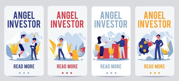 Angel investor onboarding mobilní app stránky set, ploché vektorové ilustrace. — Stockový vektor