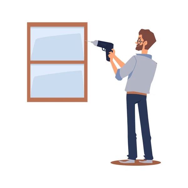 Homem barbudo em vidros reparar ou corrigir painel de janela em casa, ilustração vetorial cartoon plana. Conceito de dona de casa. — Vetor de Stock
