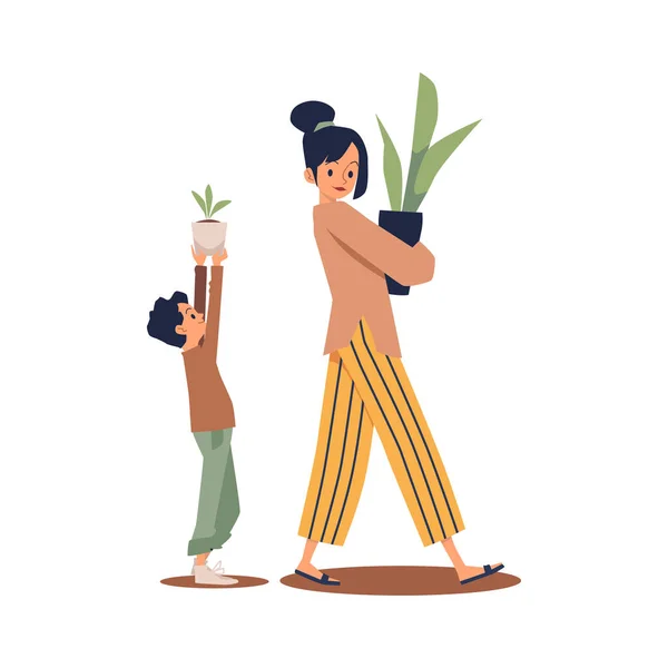 Mom and her kid carry house plants in pots, side view. Home family activity, growing plants together cartoon flat vector — стоковий вектор