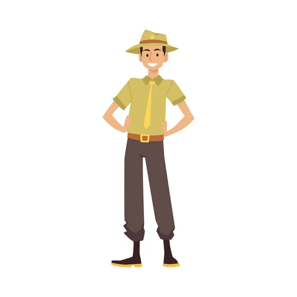 Ranger in uniform protects environment, forest. Cartoon male officer in flat — Stock Vector