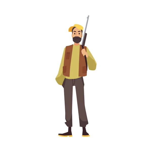 Hunter personaje de dibujos animados masculinos con rifle, ilustración vectorial plana aislada. — Vector de stock