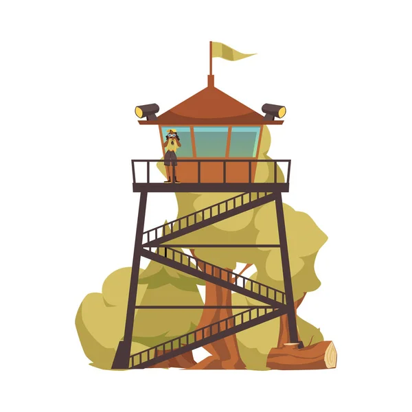 Fire watch tower. Ranger look at the forest with binoculars to detect smoke, cartoon illustration. Fire lookout tower. — Wektor stockowy