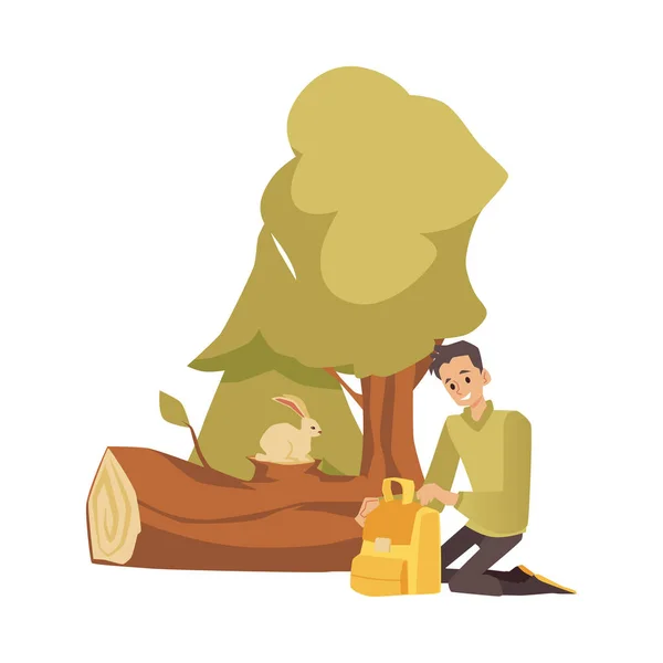 Homem turístico desempacota sua mochila na floresta, ilustração vetorial plana isolada. — Vetor de Stock