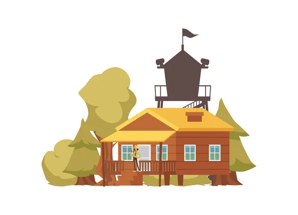 Hunter ranger forest house with observation tower, vector illustration isolated. — стоковий вектор