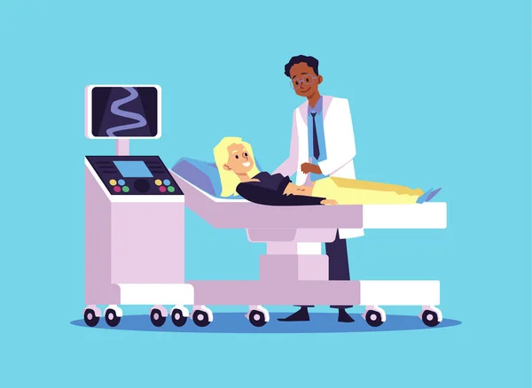 Černý lékař dělá břišní ultrazvukové diagnostiky pro bílé blondýny ležící na posteli, kreslené vektorové ilustrace. — Stockový vektor