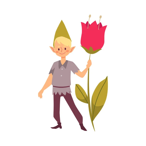 Fairy elf boy character with flower, flat cartoon vector illustration isolated. — стоковый вектор