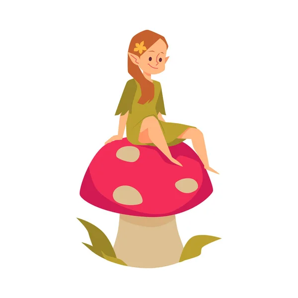 Garden gnome or elf girl sitting on mushroom, flat vector illustration isolated. — Stock vektor