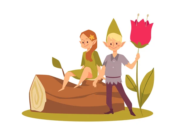 Милі ельфи хлопчик і дівчинка в лісі, мультфільм плоский Векторні ілюстрації ізольовані на білому тлі . — стоковий вектор