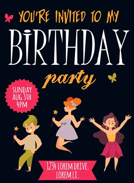 Biglietto d'invito per feste di compleanno per bambini con fate, illustrazione vettoriale piatta. — Vettoriale Stock