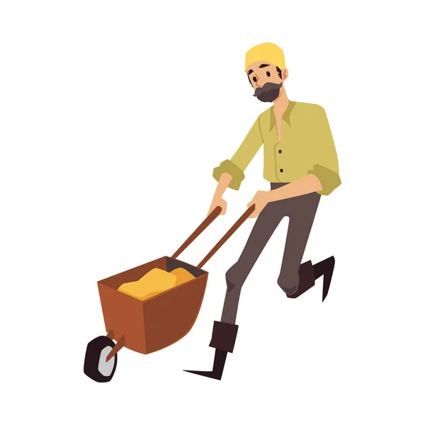 Gold digger, pitman or prospector with cart, flat vector illustration isolated. — Stockvektor