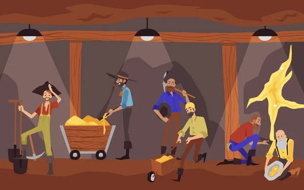 Cartoni animati barbuti, uomini felici, cercatori d'oro lavorano in miniera d'oro con varietà di strumenti — Vettoriale Stock