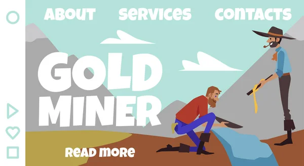 Gold miner or pitman website banner template, flat vector illustration. — стоковый вектор