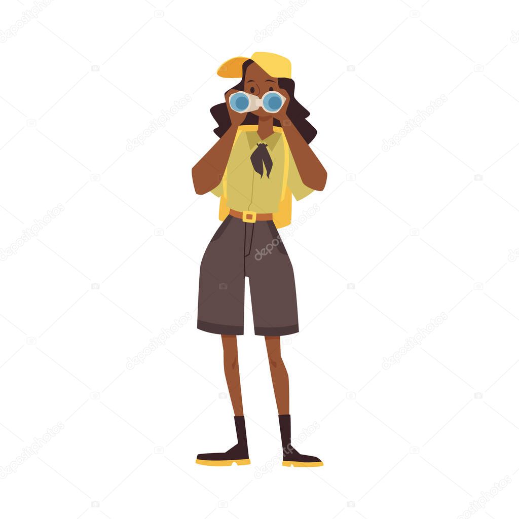 Park ranger female character with binoculars, flat vector illustration isolated.