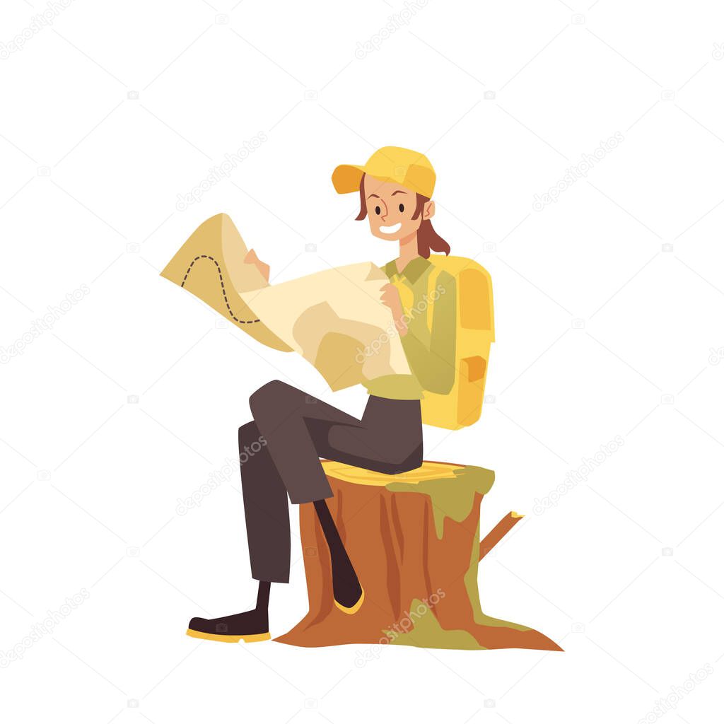 Female hiker wearing backpack sitting on the tree stump and looking on the map to locate herself. Cartoon vector.