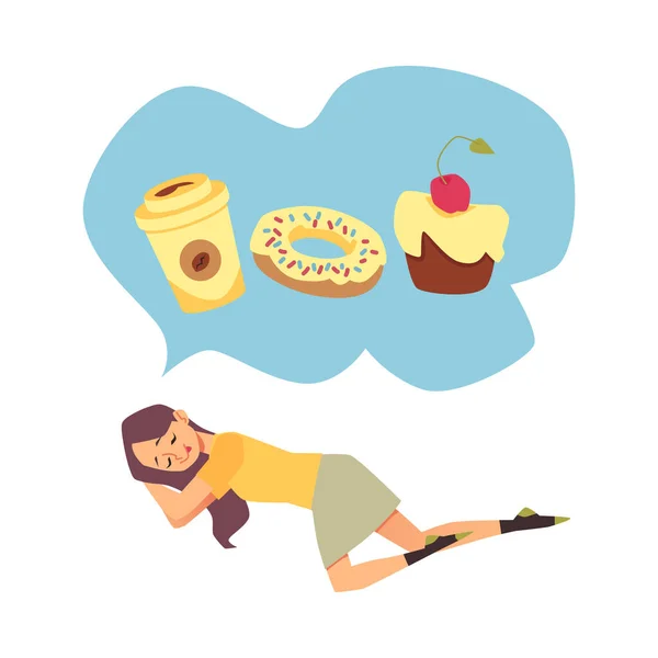 Woman sleeps dreaming of sweets, flat vector illustration isolated on white. — Vetor de Stock