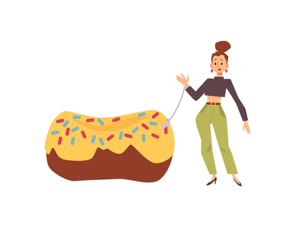 Mujer esposada a donut como símbolo abstracto de la adicción al azúcar, ilustración vectorial plana aislada sobre fondo blanco. — Archivo Imágenes Vectoriales
