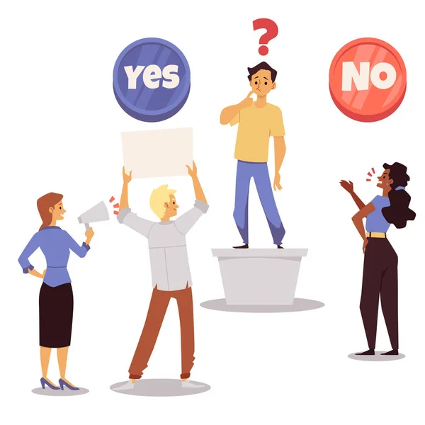 People convince man to make choice or decision, flat vector illustration isolated on white background. — Wektor stockowy