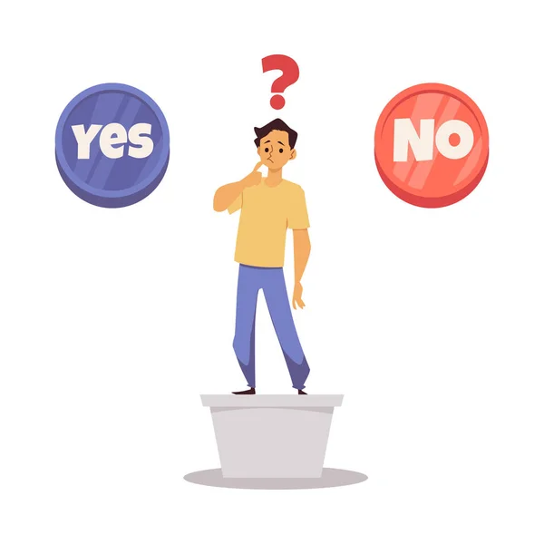 Man between Yes and No buttons making choice, flat vector illustration isolated. —  Vetores de Stock