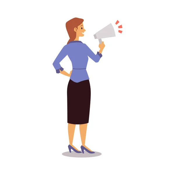 Business woman standing yelling in megaphone, flat vector illustration isolated. — Stock Vector