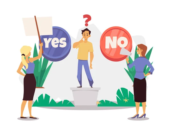 Man choosing which button to push - yes or no, flat vector illustration isolated on white background. — Vetor de Stock