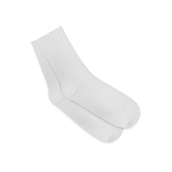 Dlouhé prázdné ponožky vektorové makety. Dvojice bílých sportovních ponožek, kotník střední délky, 3D realistická šablona pro váš design. — Stockový vektor