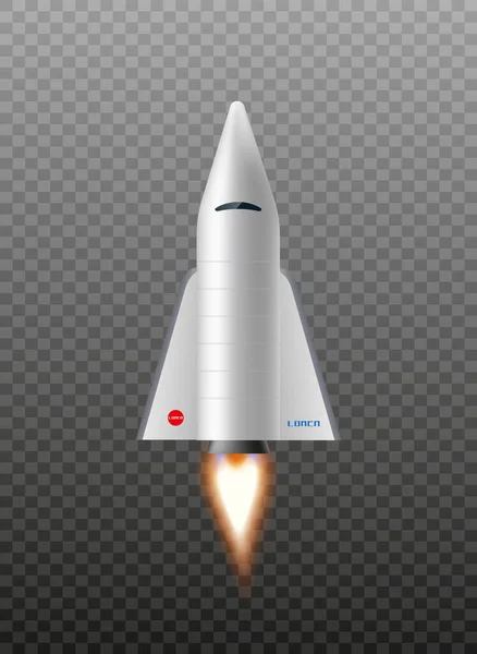 Ruimteraketlancering, realistische vector geïsoleerd op transparante achtergrond. Space shuttle vliegen verticaal, 3D vector. — Stockvector