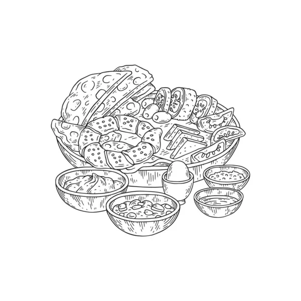 Traditional Turkish breakfast Kahvalti engraving vector illustration isolated. — Vettoriale Stock