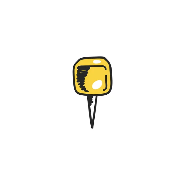 Yellow thumb tack stationery icon, hand drawn doodle style. Vector sketch of square pushpin needle, isolated. — стоковый вектор