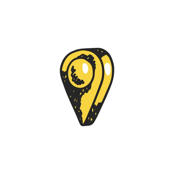 Icono de marcador de mapa de pin amarillo dibujado a mano en estilo garabato. Puntero de ubicación isométrica, dibujo vectorial de dibujos animados, aislado. — Archivo Imágenes Vectoriales
