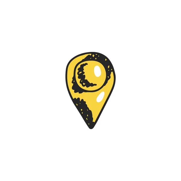Yellow pin map marker hand drawn sketch vector illustration. Destination point for GPS navigator or map, doodle draw. — Vetor de Stock