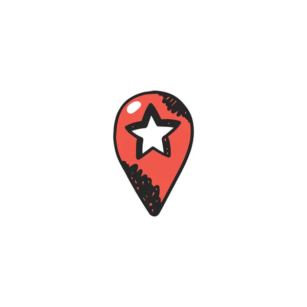 Star shaped red map pin vector icon, hand drawn sketch. Location marker drawing, isolated on white background. — Stockvektor