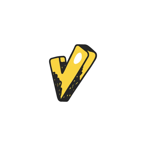 Check mark yellow shape, hand drawn vector icon on white background. Cartoon pin checkmark shape for map design. — 图库矢量图片