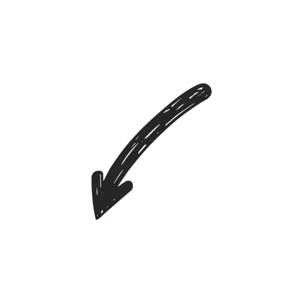 Arrow curved down, hand drawn vector icon. Direction pointer, pencil scribble doodle, isolated on white background. — 图库矢量图片