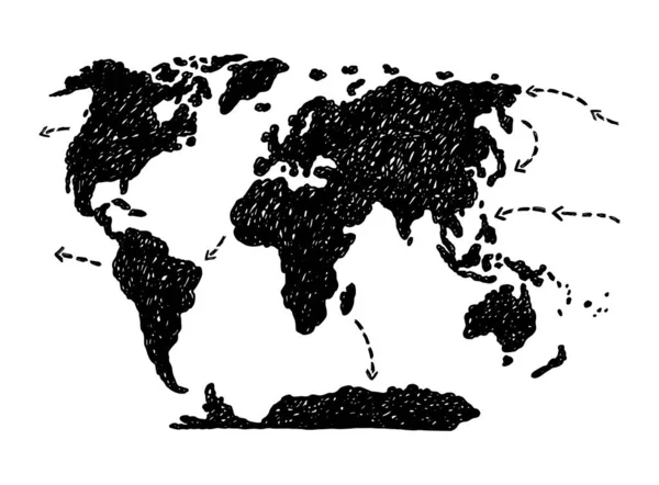 Mapa del mundo con flechas en estilo garabato dibujado a mano, ilustración vectorial en blanco y negro. — Vector de stock