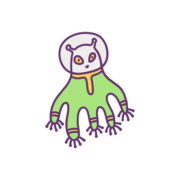 Espacio alienígena lindo personaje de dibujos animados doodle vector ilustración aislado en blanco. — Vector de stock
