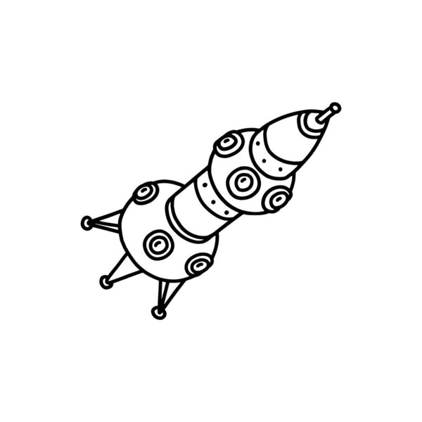 Space station doodle vector icon. Hand drawn big rocket, black and white isolated illustration. Spacecraft kid drawing